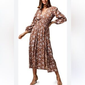 BEACHGOLD 100% Linen Kylie Long Sleeve Midi Dress in Copper Floral Print XS